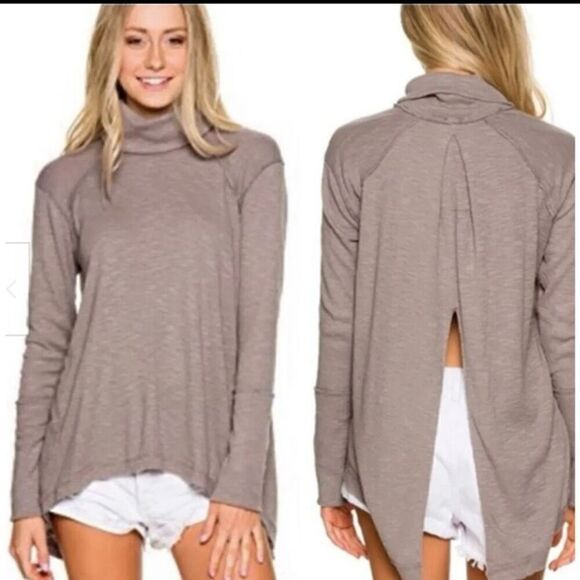 Free People We The Free Tara Top Turtleneck Split Back Long Sleeve Rust Grey siz - Picture 1 of 5